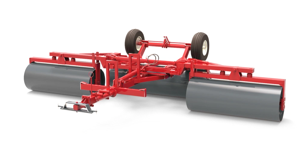 Rouleau à trois panneaux pour briser les mottes et compacter le sol. Roues de 430 ou 500 mm. Modèle à tube lisse, tracté hydrauliquement et à articulation verticale.