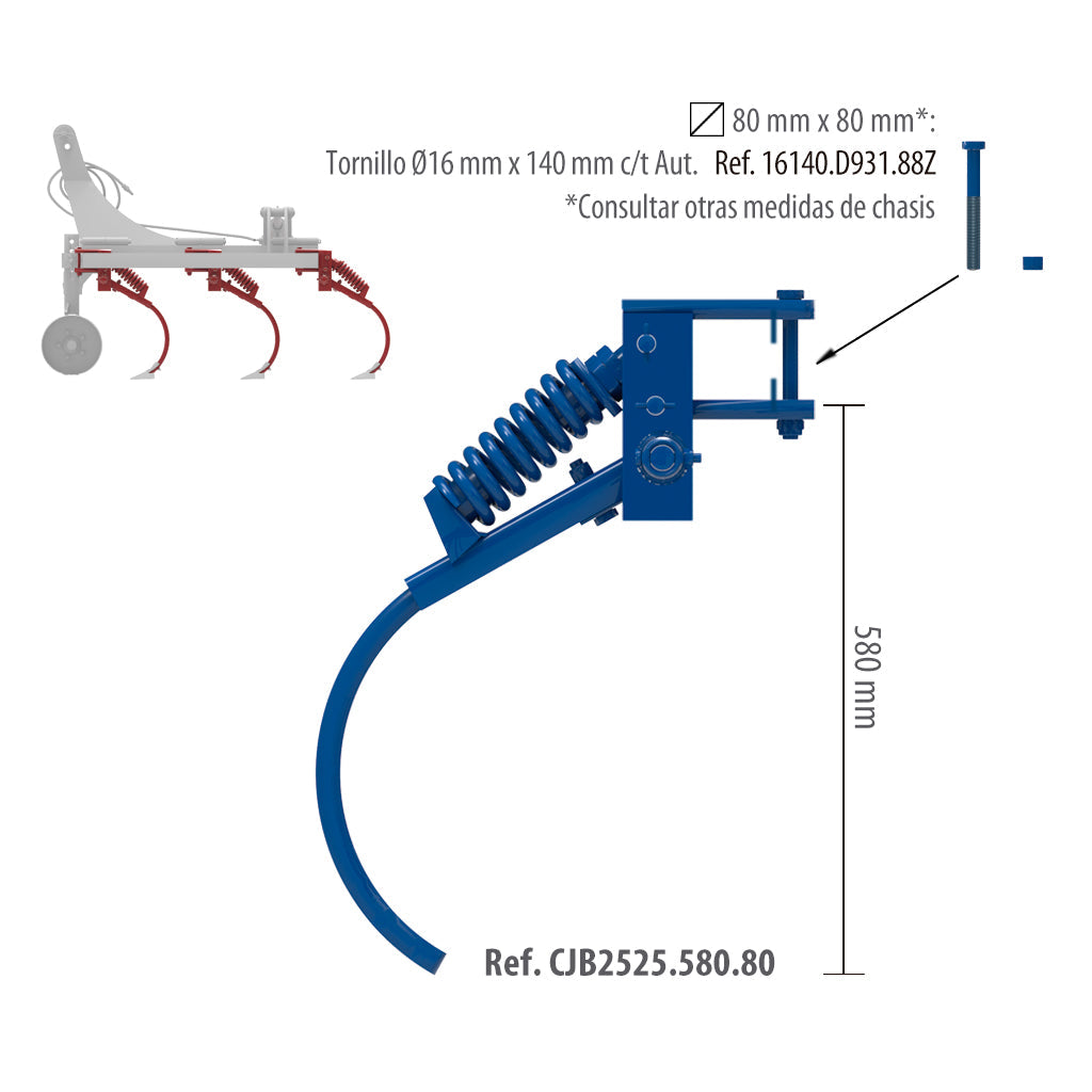 [CJB2525.580.80] Conjunto Brazo Chisel 25x25x580 mm Chasis de 80x80 C/T