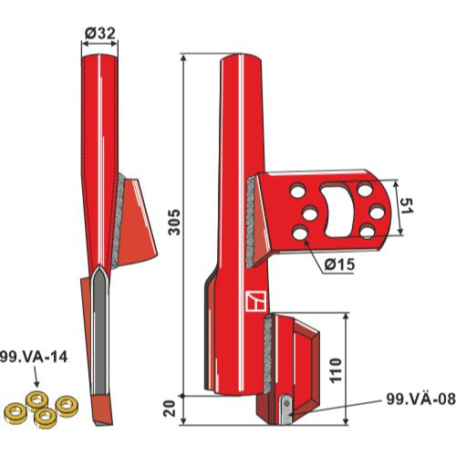 Tubo de sembradora compl. con 4 arandelas de goma - dcho - LS05-DDS-051