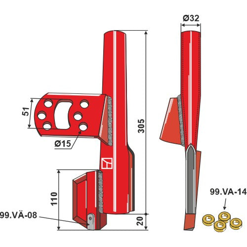 Tubo de sembradora compl. con 4 arandelas de goma - izdo - LS05-DDS-050