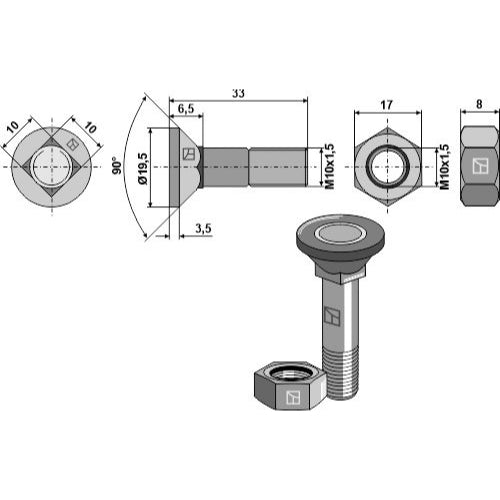 [LS11-TARM-006] Tornillo de arado - M10x1-5x33 con tuerca hexagonal - LS11-TARM-006
