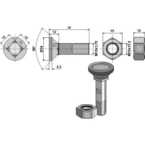 [LS11-TARM-059] Tornillo de arado - M12x1-75x36 con tuerca hexagonal - LS11-TARM-059
