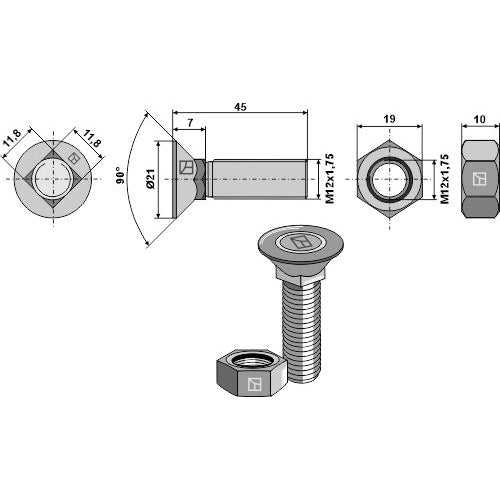 [LS11-TARM-086] Tornillo de arado - M12 x 1-75 x 45 con tuerca hexagonal - LS11-TARM-086