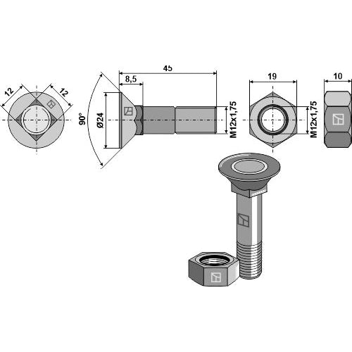 Tornillo de arado - M12x1-75x45 con tuerca hexagonal - LS11-TARM-089