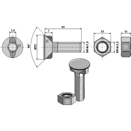 Tornillo de arado - M14 x 1-5 x 40 con tuerca hexagonal - LS11-TARM-141
