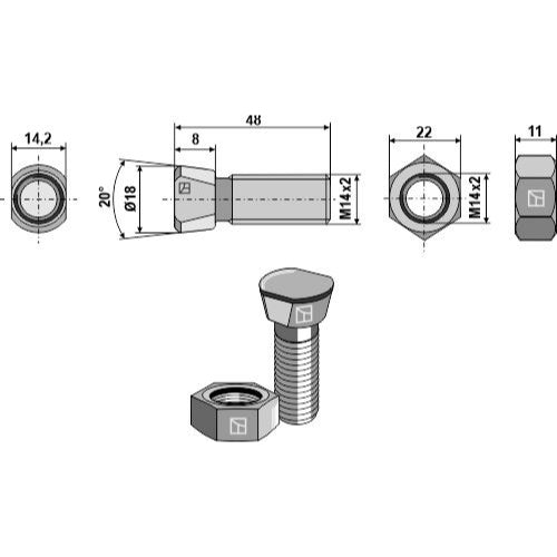Tornillo de arado - M14 x 2 x 48 con tuerca hexagonal - LS11-TARM-144