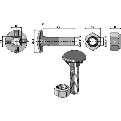 [LS11-TARM-172] Tornillo de arado - M10 x 1-5 x 45 con tuerca hexagonal - LS11-TARM-172