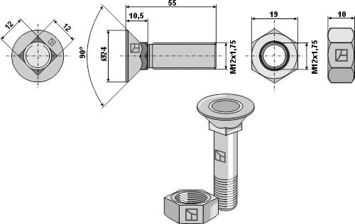 [LS11-TD608-095] Tornillo de arado M12x1,75x55 con tuerca hexagonal - LS11-TD608-095